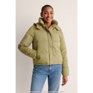 FOREVER 21 PUFFER JACKET REMOVABLE HOOD ZIP SNAP FRONT FAUX LEATHER LOOK L